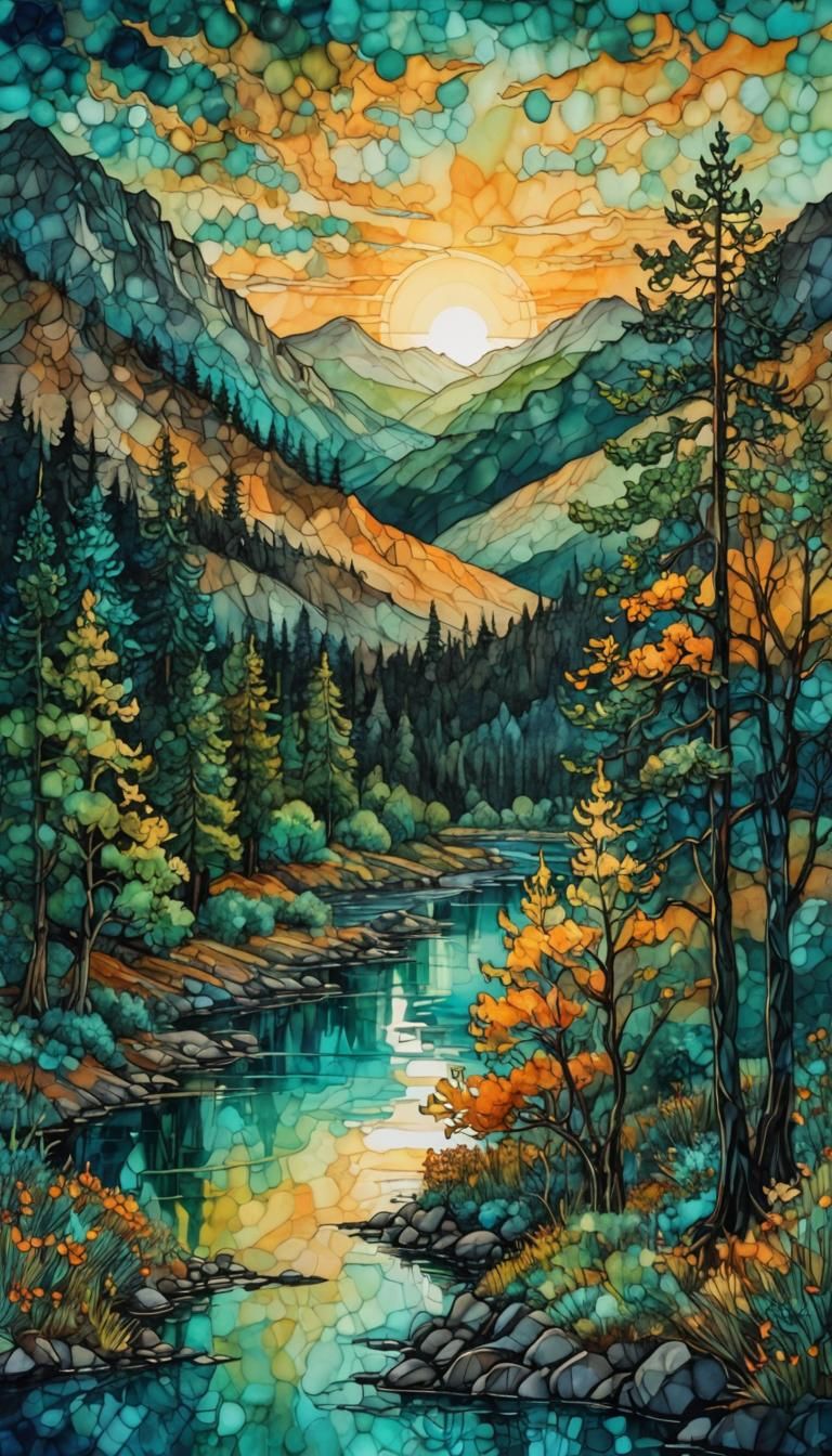 Arabesque Forest Sunrise in Impasto Alcohol Ink