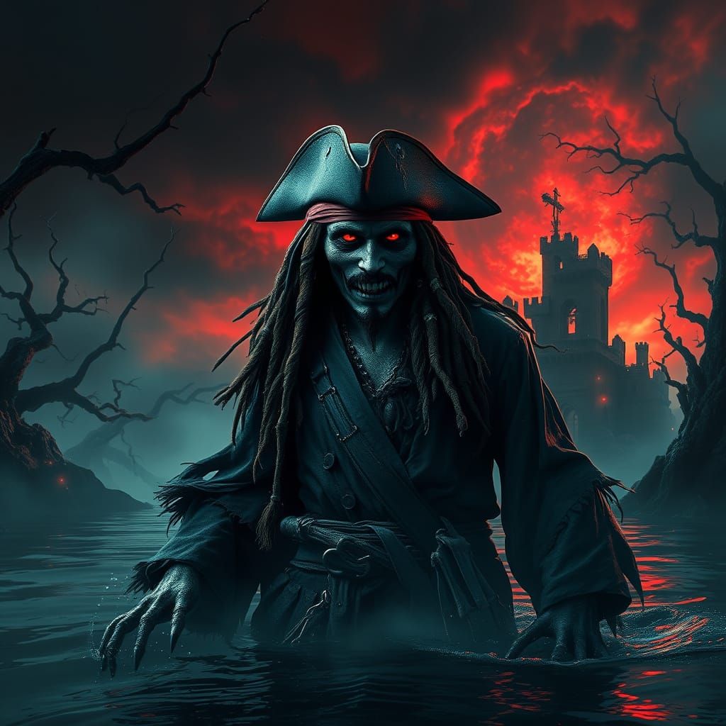 Dark Fantasy Pirate Zombie Emerge from Mysterious Island