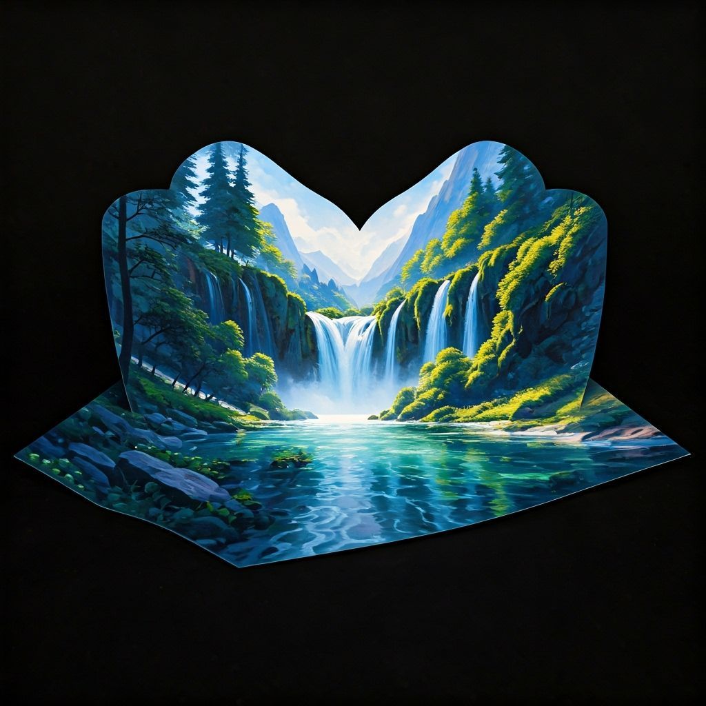 Sycamore Leaf Reveals Mountain Cascade: Impressionistic Styl...