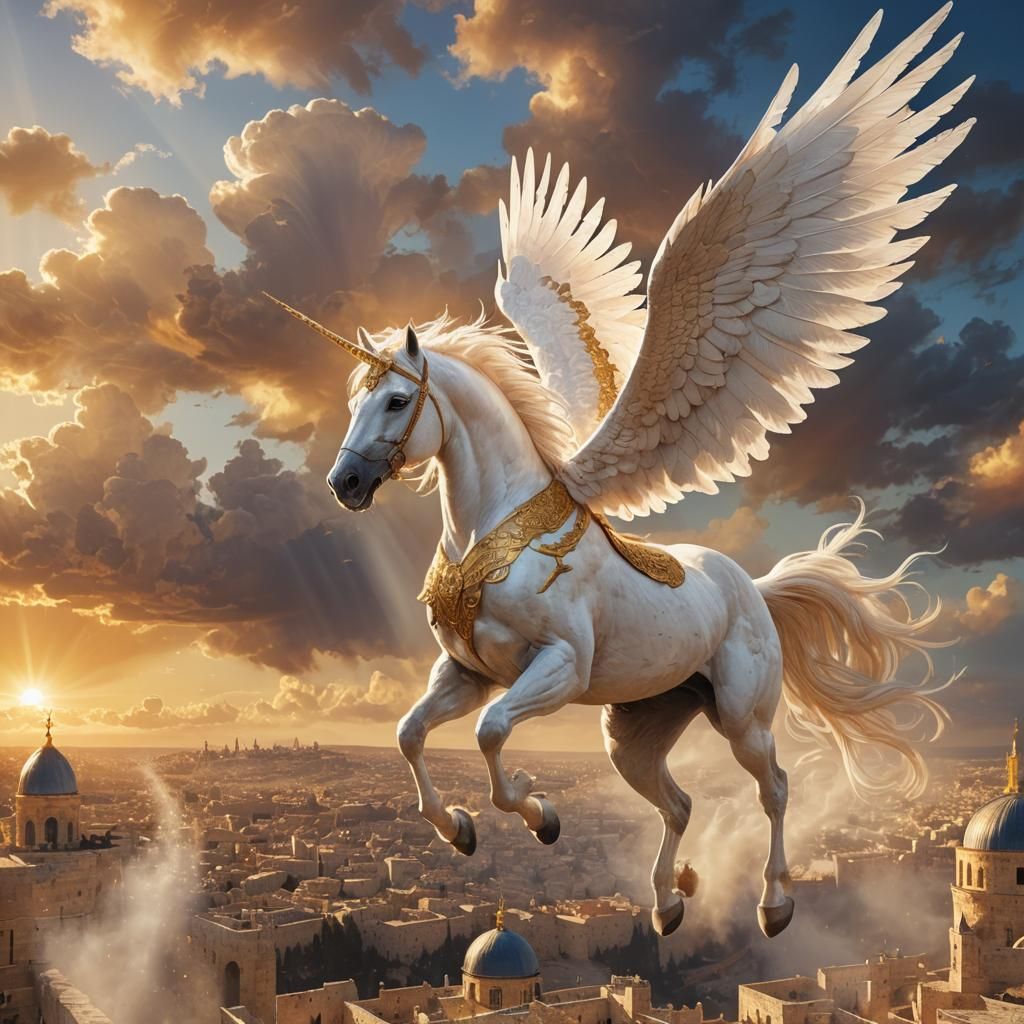 Pegasus Soaring Above Jerusalem at Sunset