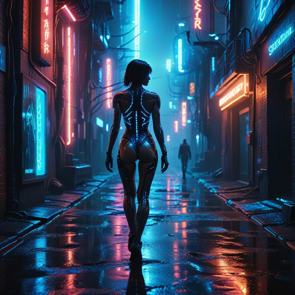 Cybernetic Person in Neon-Lit Futuristic City