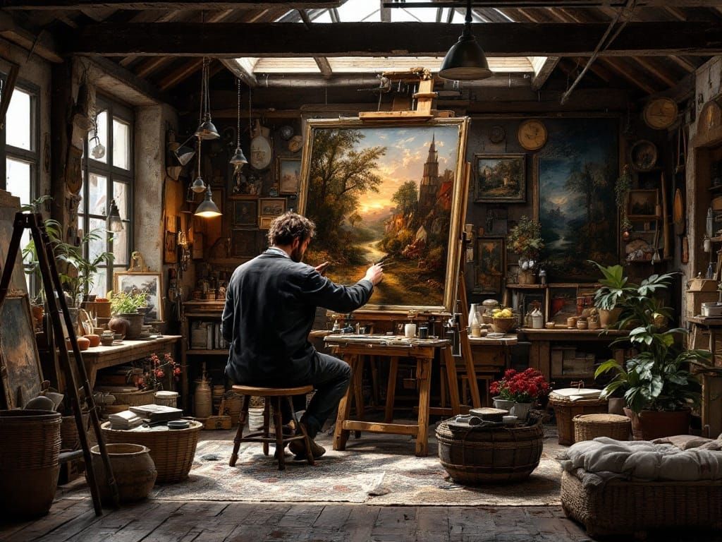 A Photorealistic Oil on Canvas Studio Scene in Elegant Light...