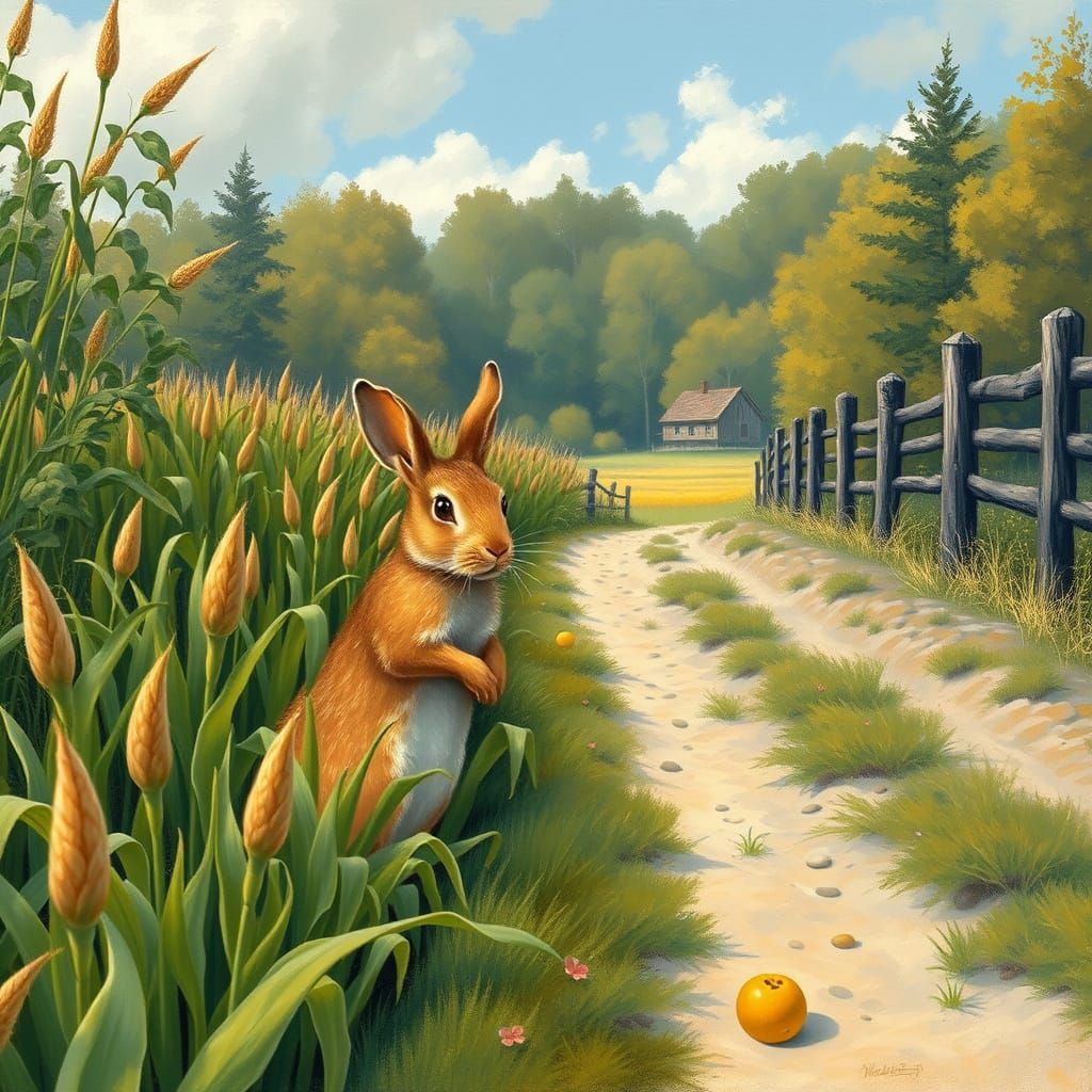 Rabbits in Cornfield, Whimsical Illustration Style