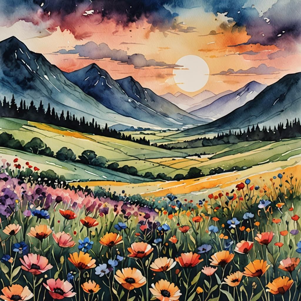 Moody Watercolour Sunset Over Flower Field