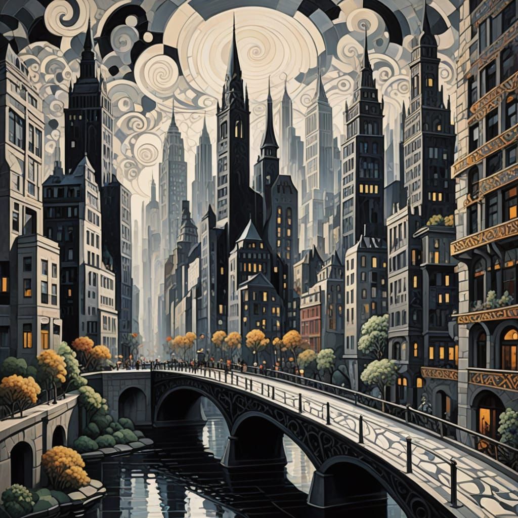 Ornate Art Nouveau Cityscape in Black and White