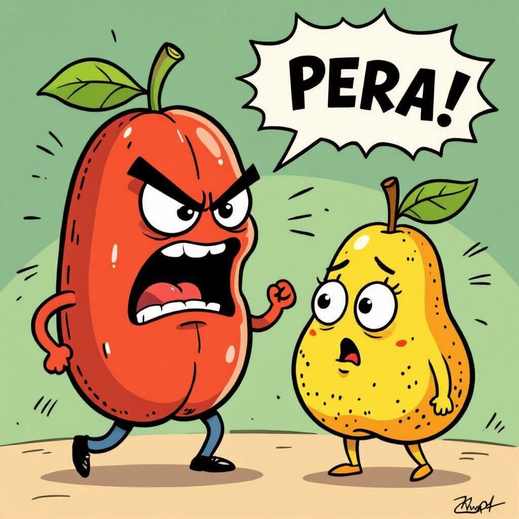 Cartoon Bean Character Shouting at Pear