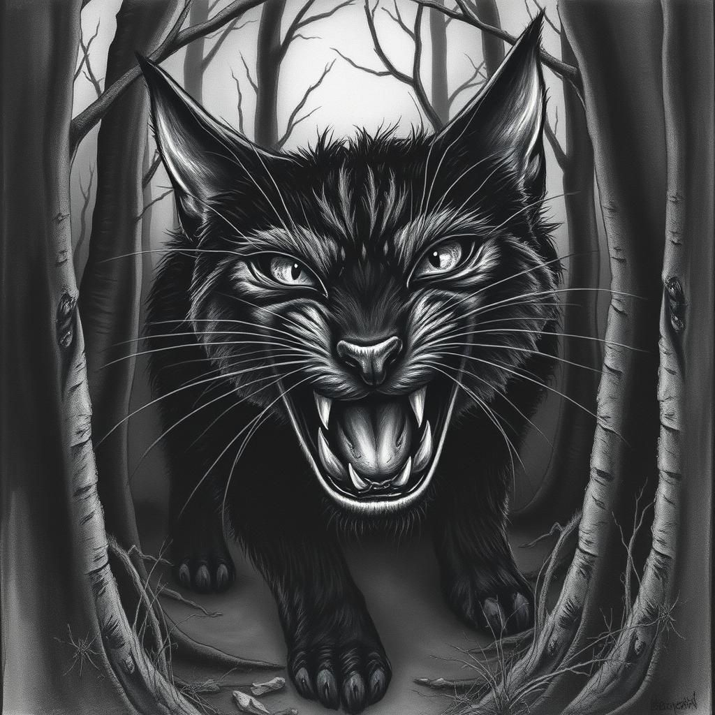 Gothic Black Cat Monster in Charcoal Style