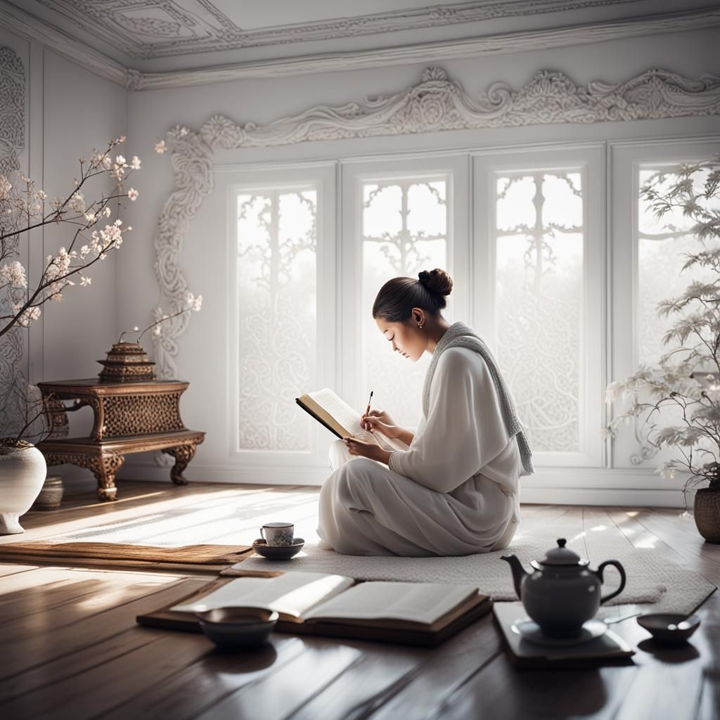 Zen White Room: Woman Journaling with Tea