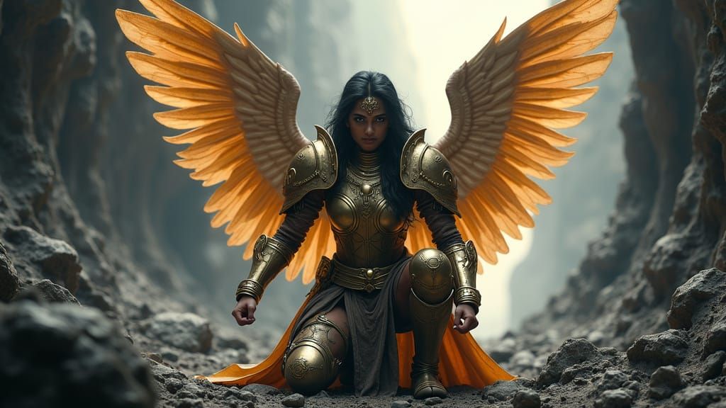 Ethereal Warrior Angel in Elaborate Armor Shines Amidst Dark...