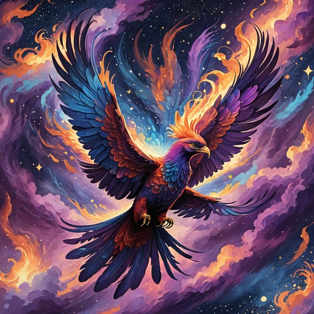 Majestic Phoenix Soaring Under Starry Night Sky