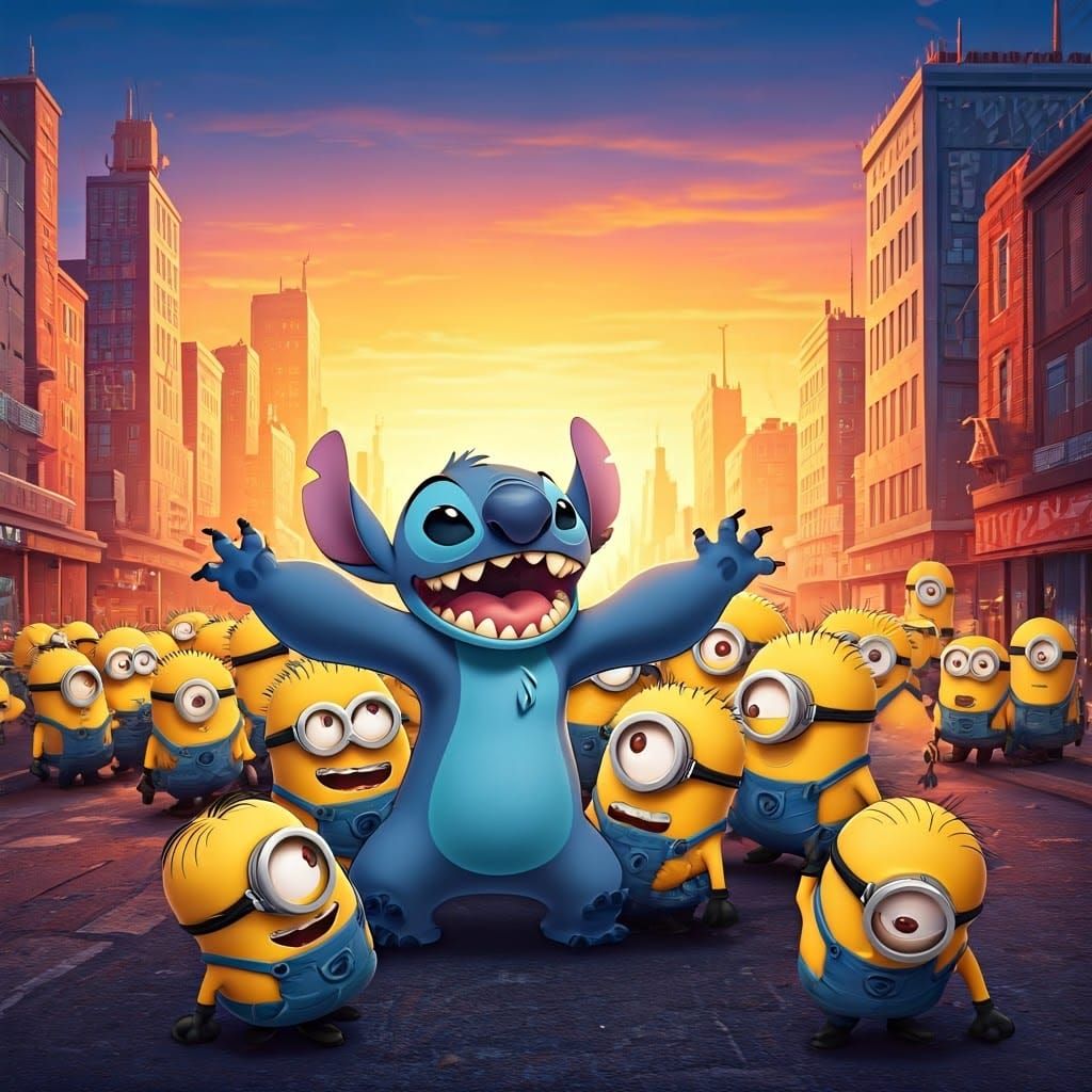 Stitch and Minions Cartoon Mashup at Sunset