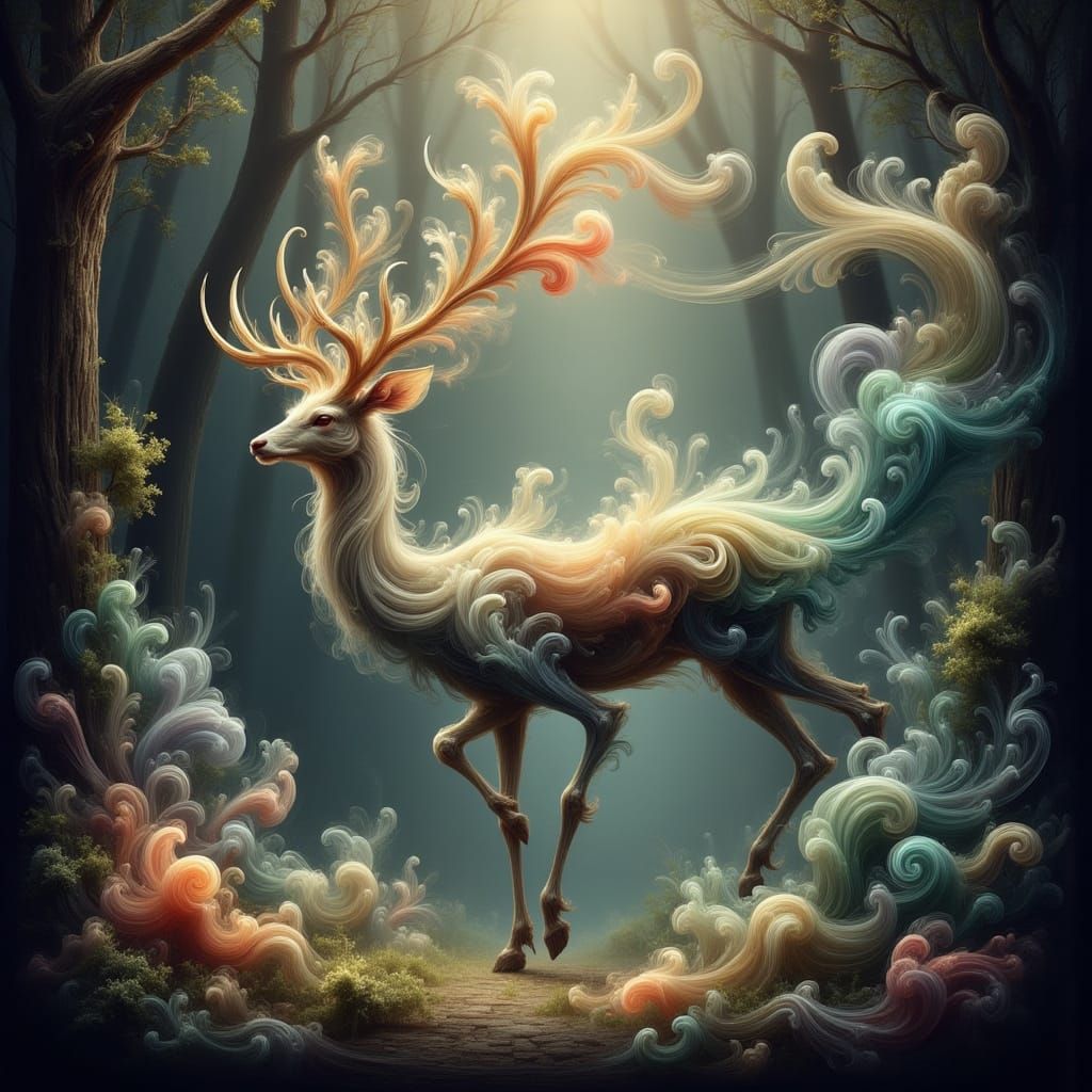 Ethereal Smoke Deer in Mystical Forest