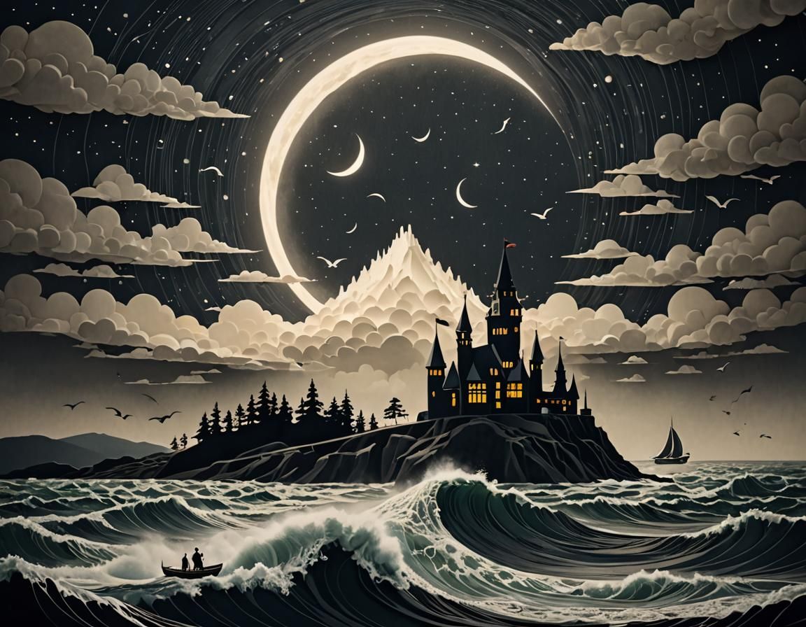 Surreal Castle Under Moonlit Waves in Paper Cut Style