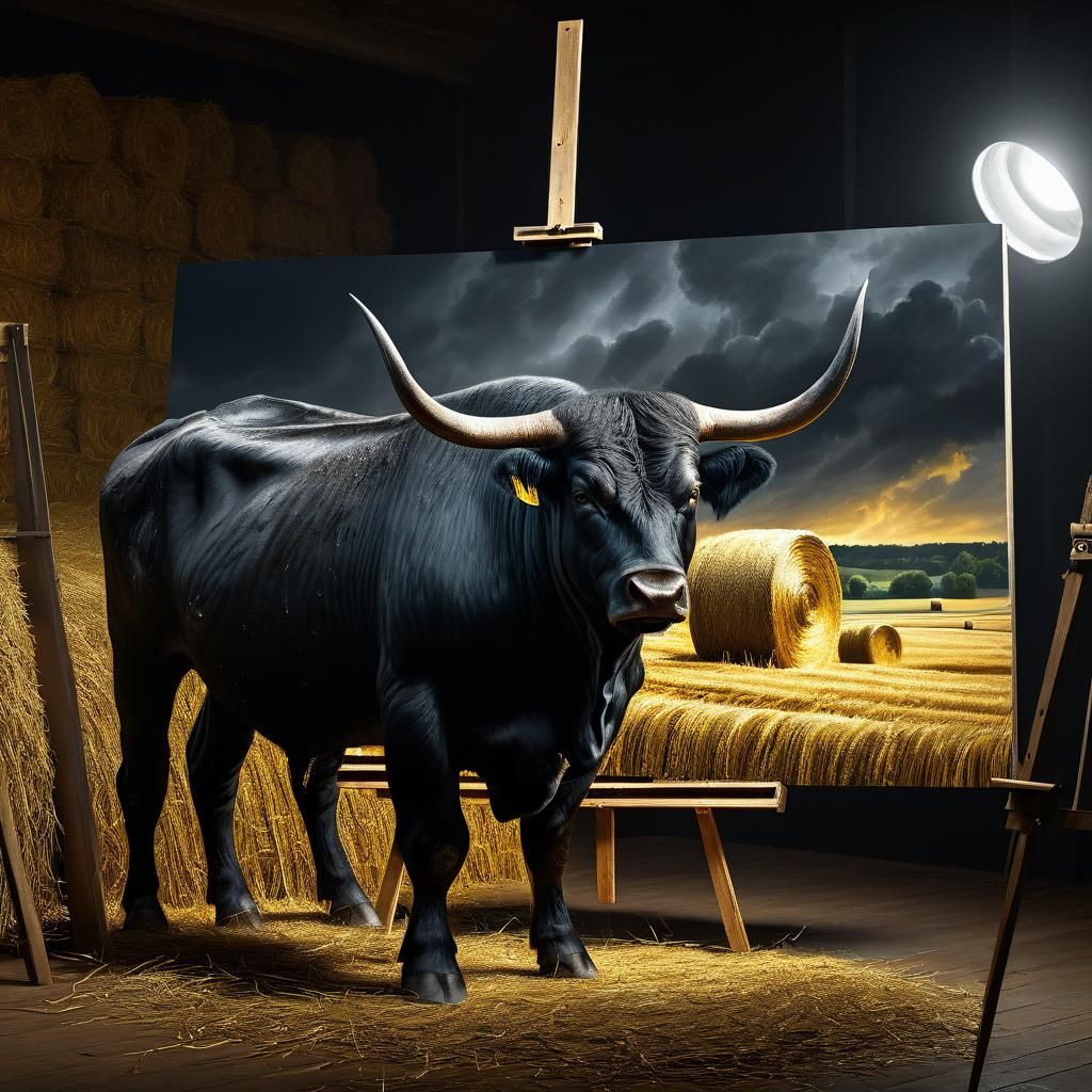 Black Angus Bull: Grunge Style Oil Painting