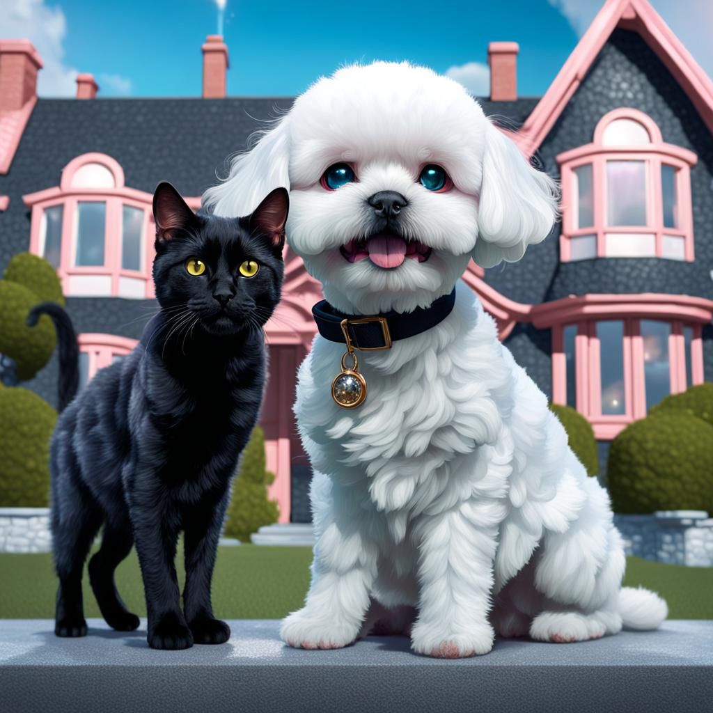 Bichon Frise and Black Cat Portrait in Sparkling Home