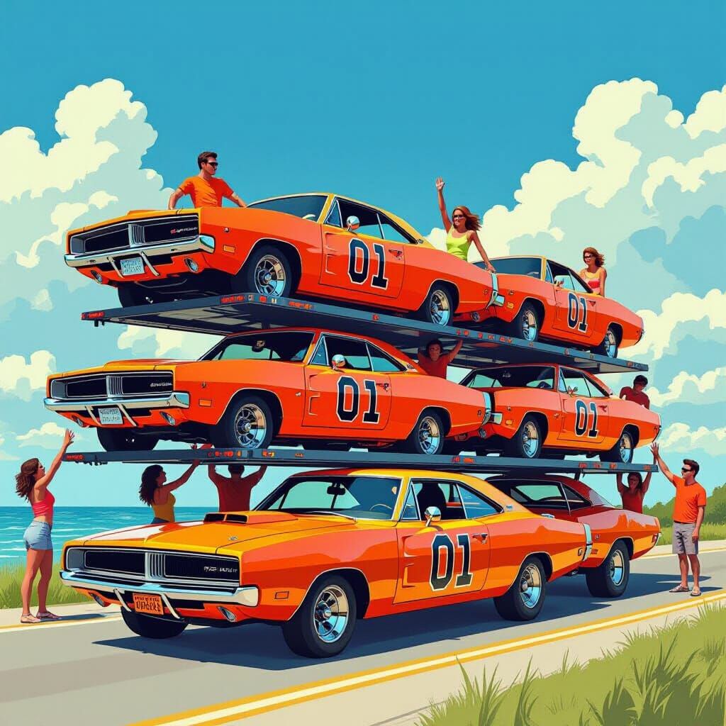 Neon Orange Dodge Chargers in Stylized Scene