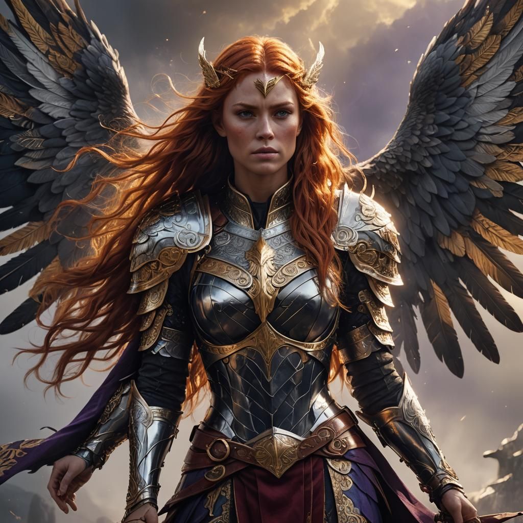 Red-Haired Valkyrie in Ornate Armor, Dark Fantasy Art