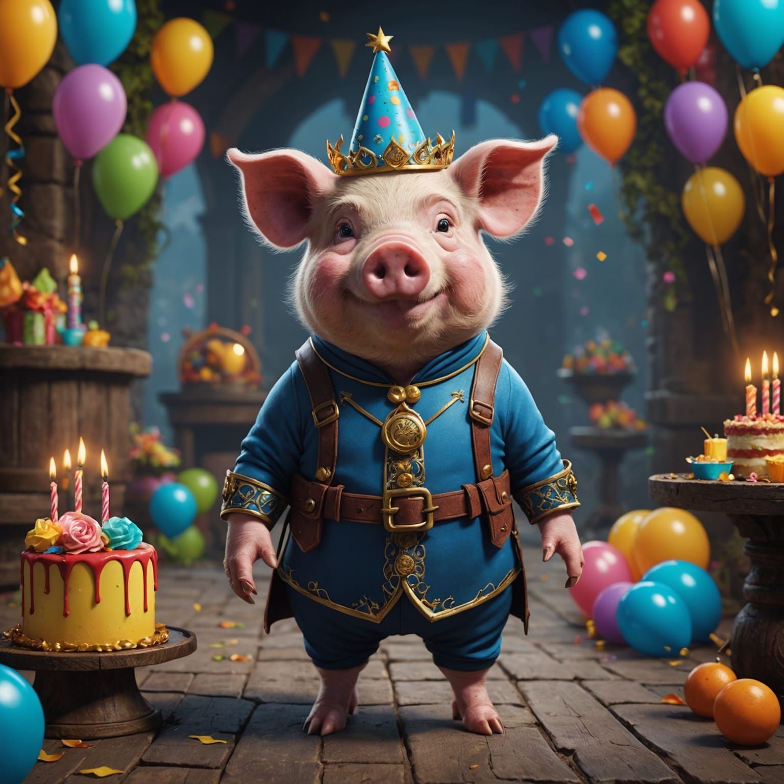 Pig in Birthday Costume: Detailed Matte Painting
