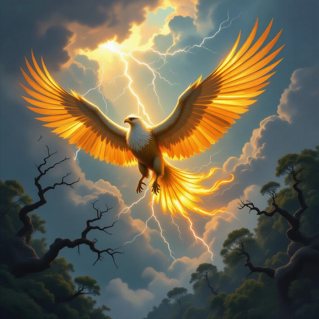 Golden Griffin Soaring Through Stormy Skies