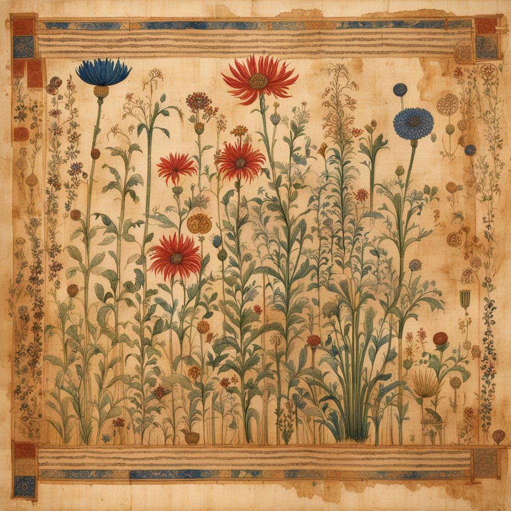 Botanical Ink Drawings on Ancient Papyrus