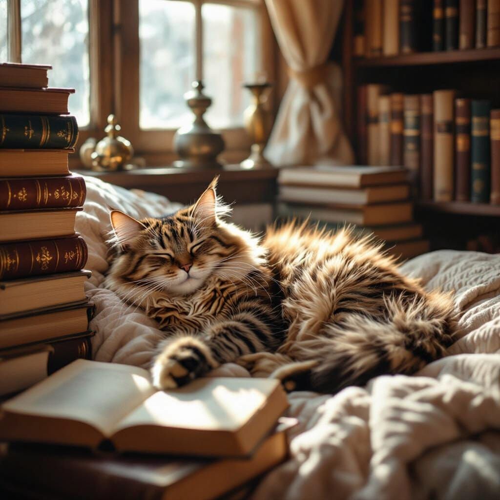 A fluffy cat in a cosy room, curled up in a sunbeam, surroun...