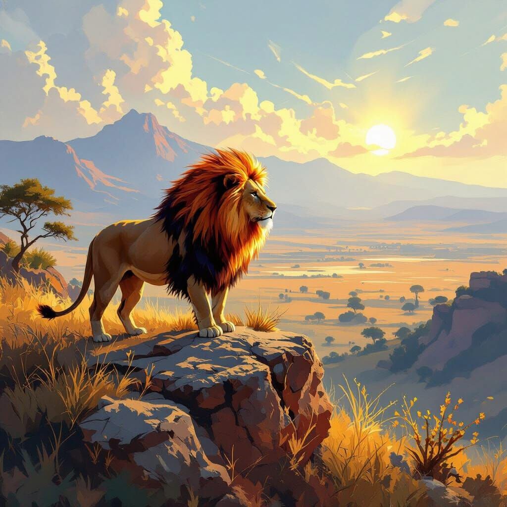 Lion with Fiery Mane Overlooking Savannah, Impasto Painting