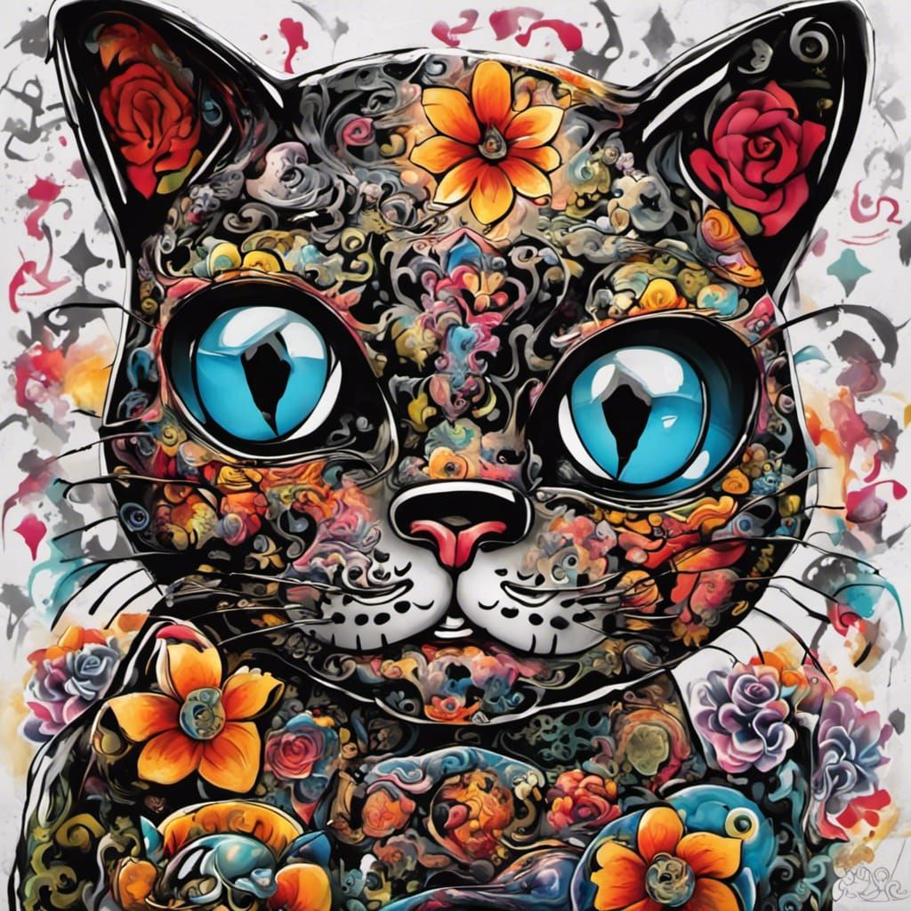Black Lucky Cat with Sugar Skulls in Graffiti Style