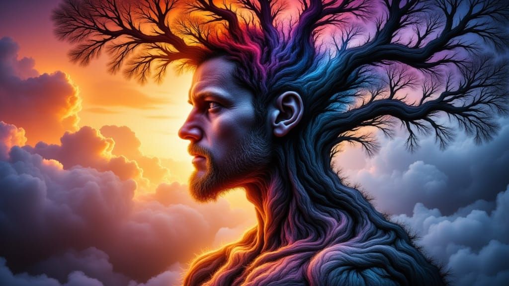 Fractal Faced Man with Rainbow Moss, Fantasy Art