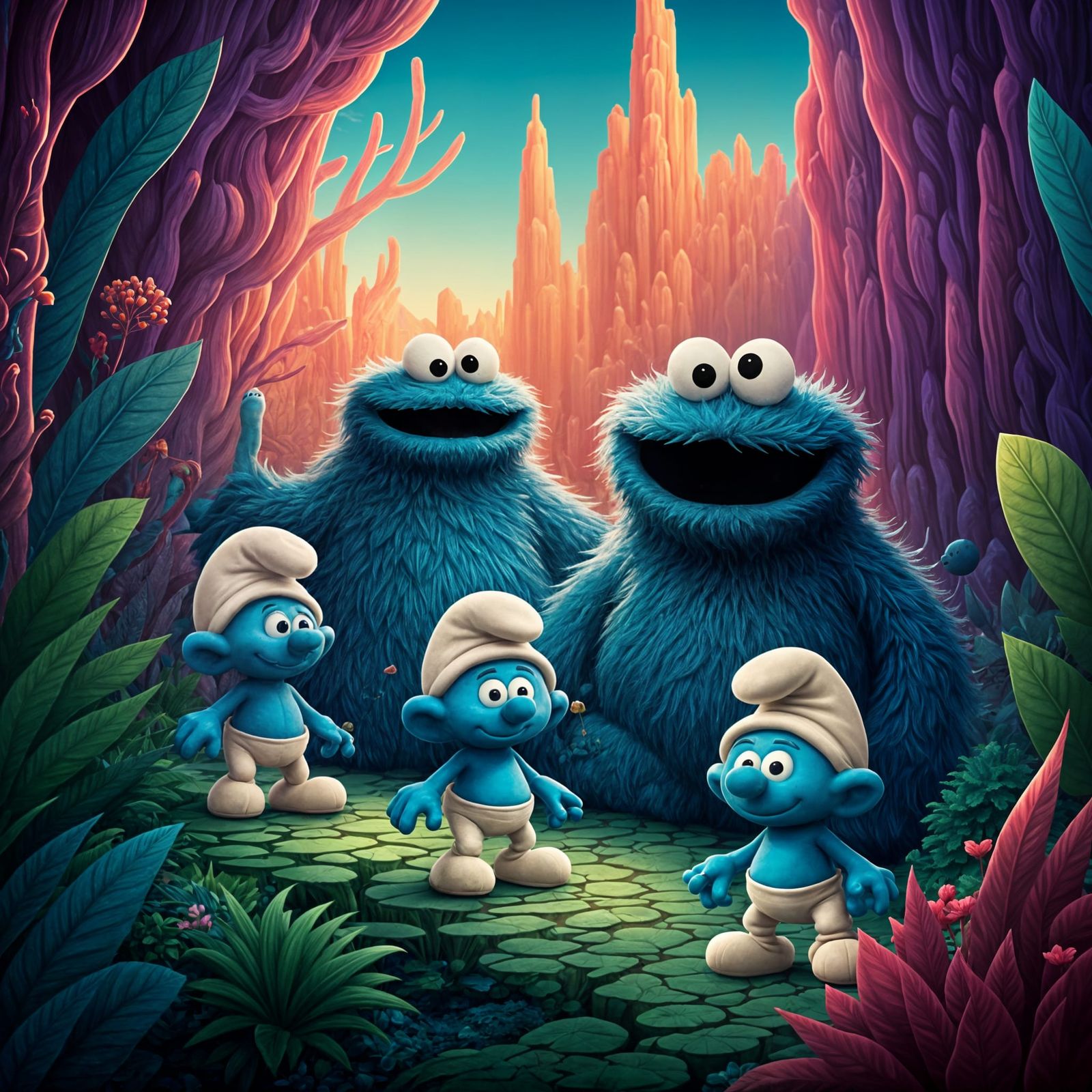 Blue Fictional Characters in a Whimsical Scene