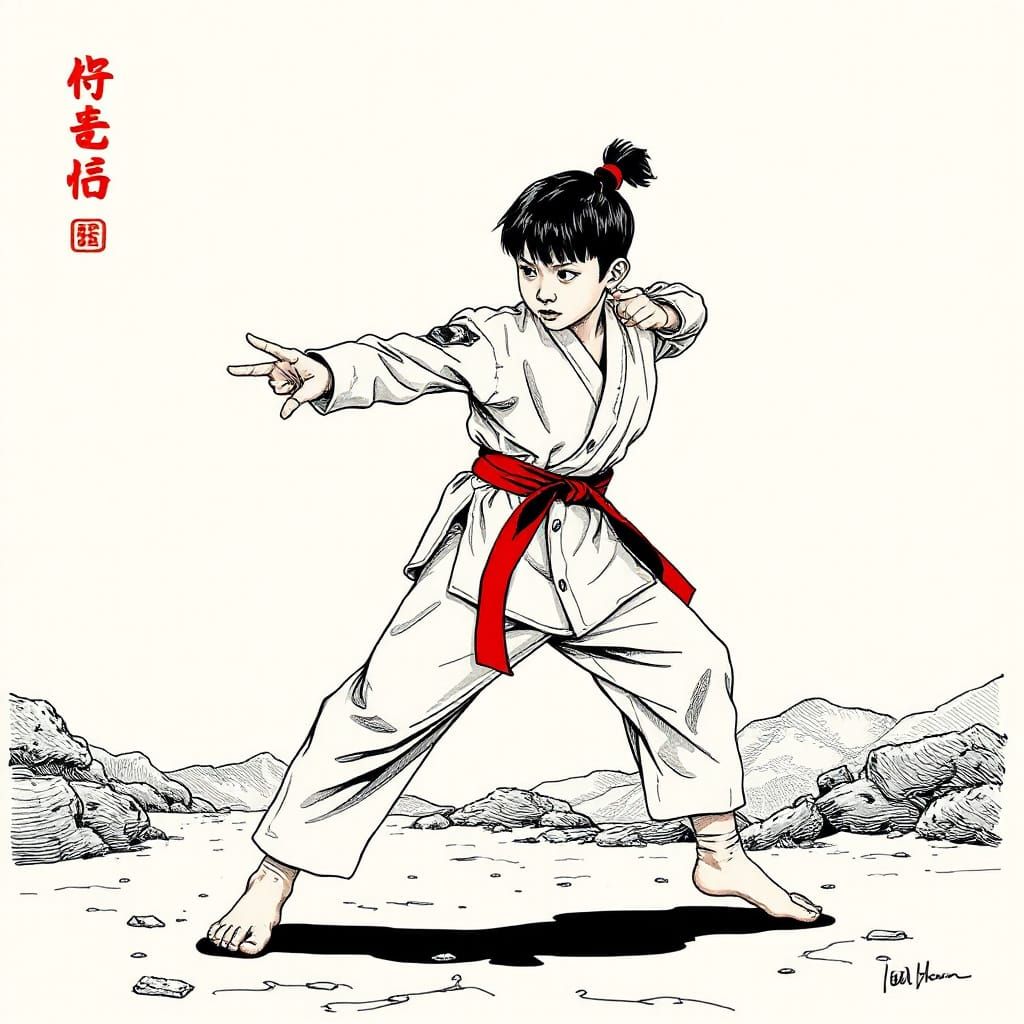 Karate Kid Action in Chinese Ink Illustration
