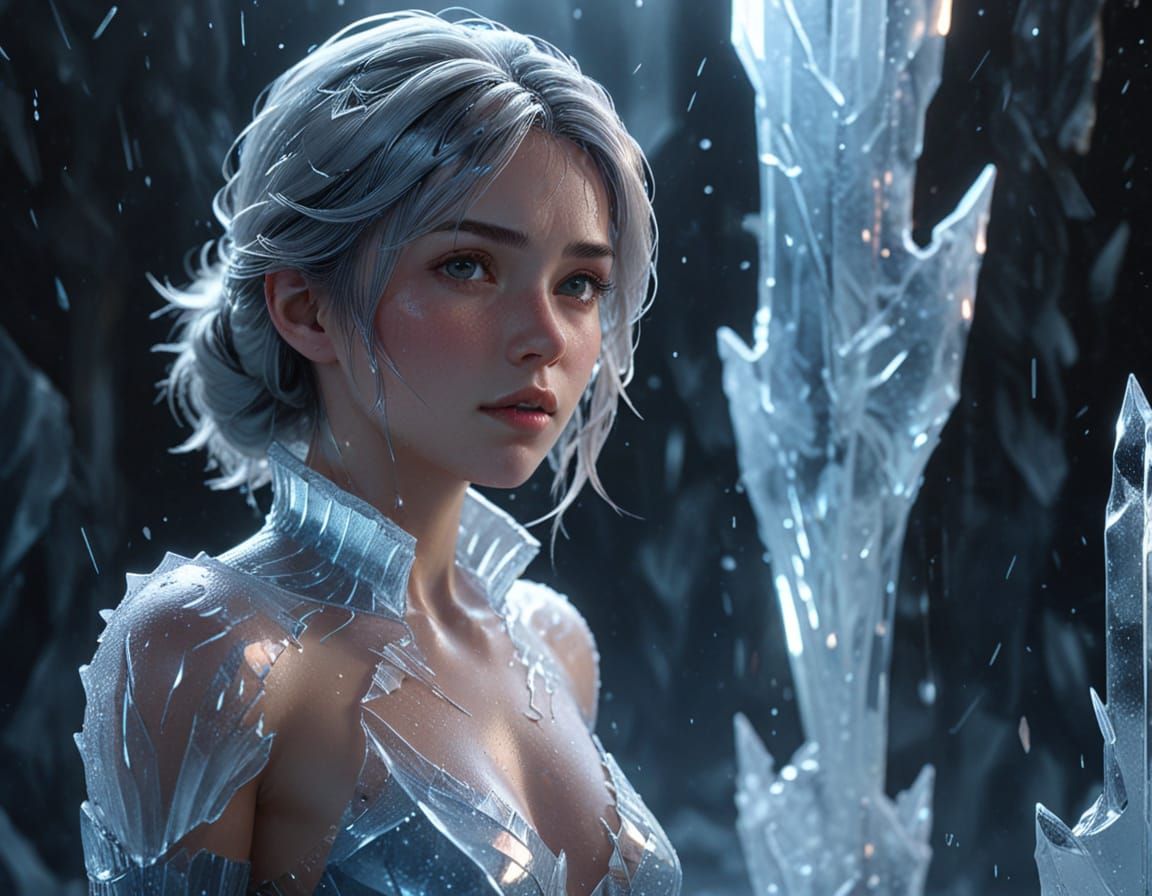 Anime Ice Woman with Glowing Shards in Digital Art