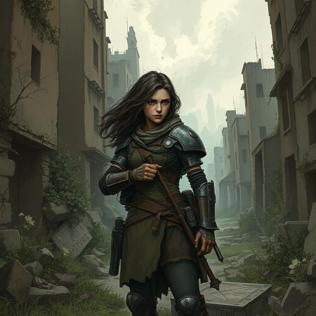 Battle-hardened Warrior Stands Guard in Ruined Cityscape