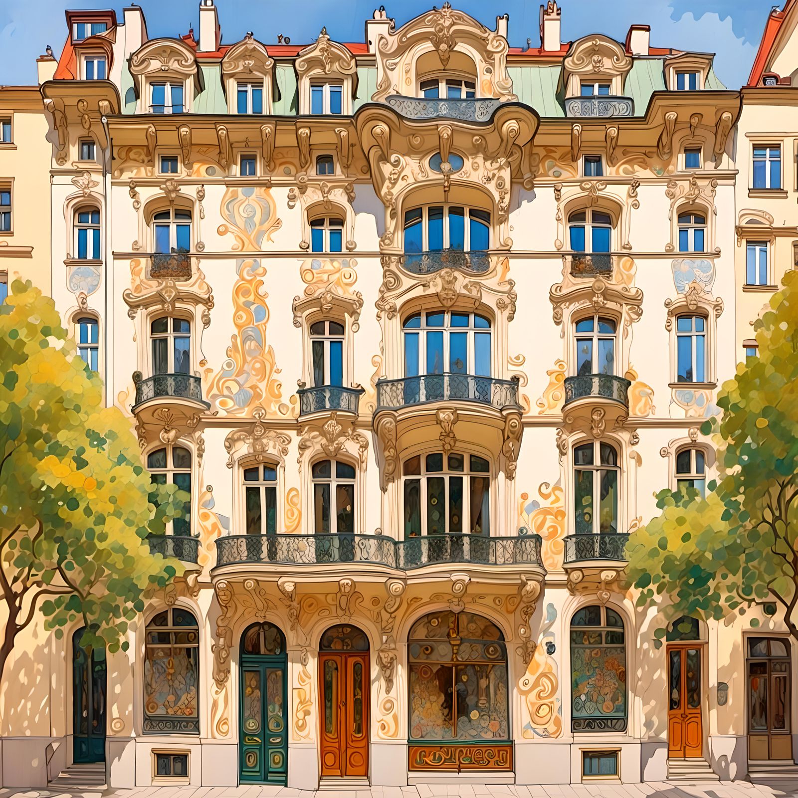 Colorful Art Nouveau Palace in Prague