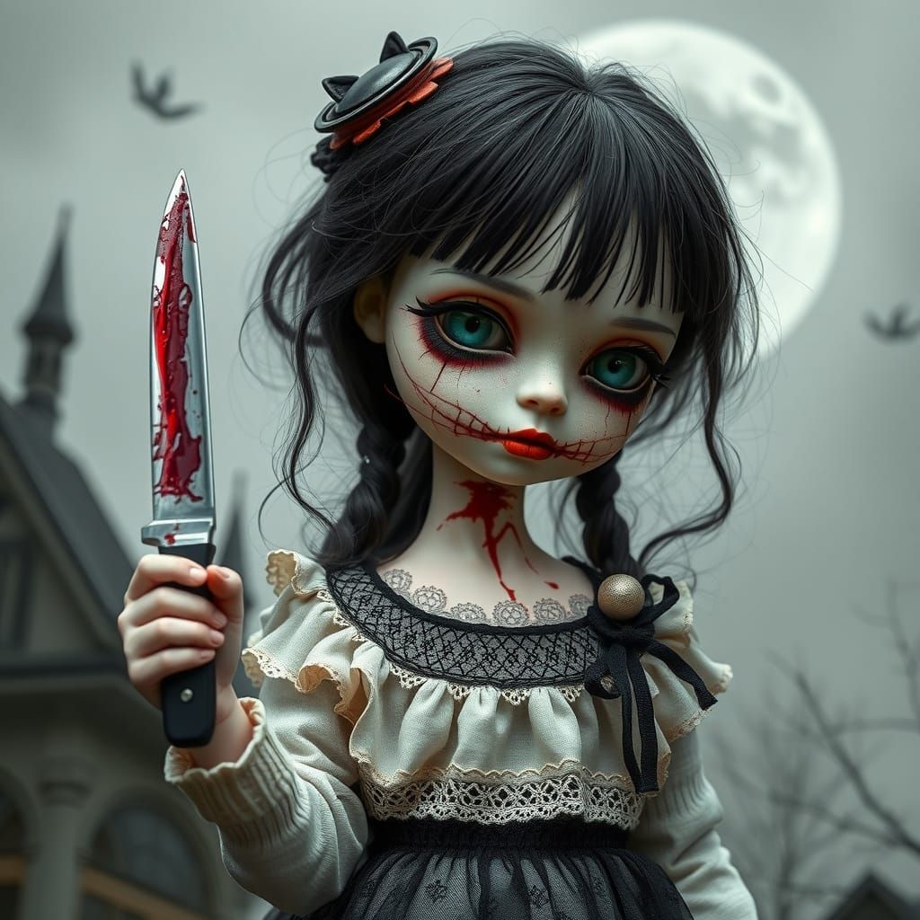 Creepy Cute Goth Doll with Knife