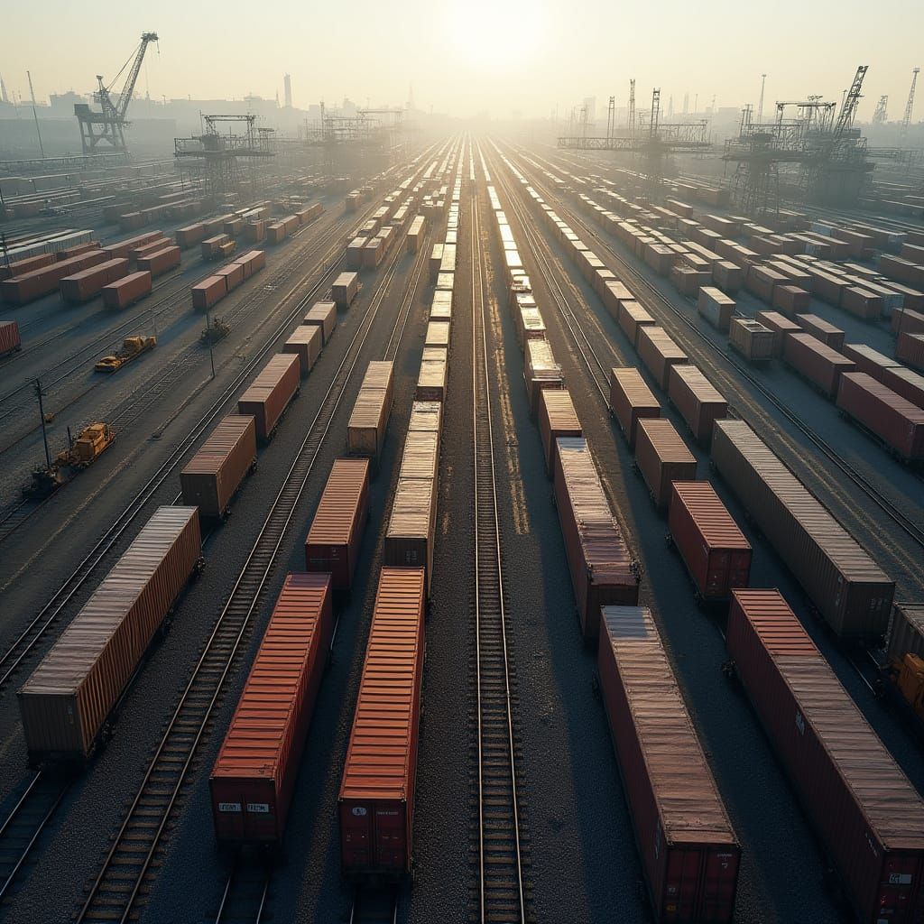 Hyperrealistic Bird's-Eye View of Freight Train Yard