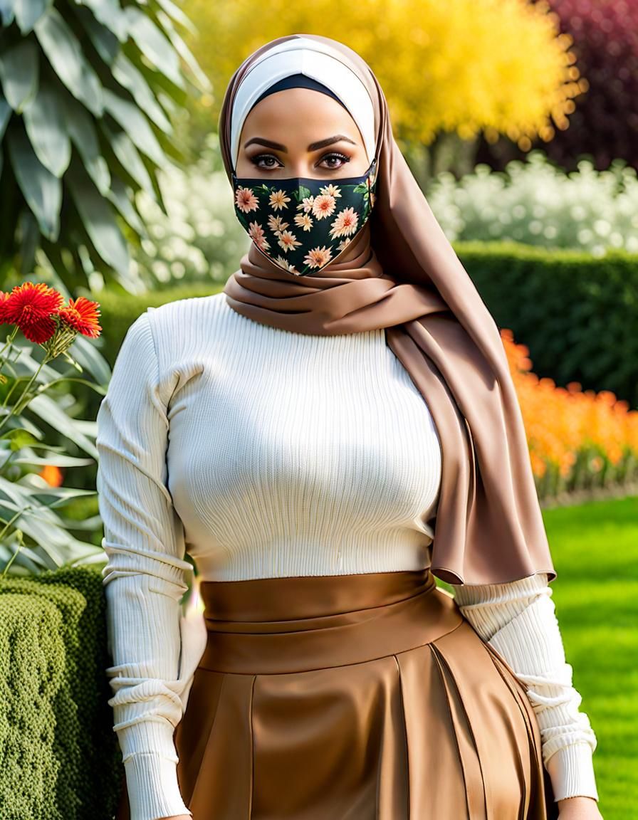 Joyful Hijabi Woman in Garden with Patterned Facemask