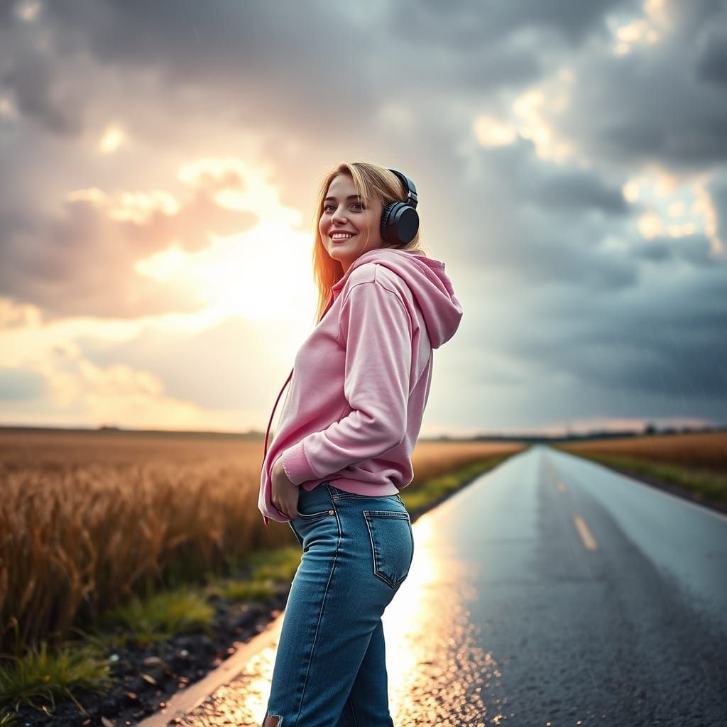 Woman in Wheat Field with Rainy Sky Reflection
