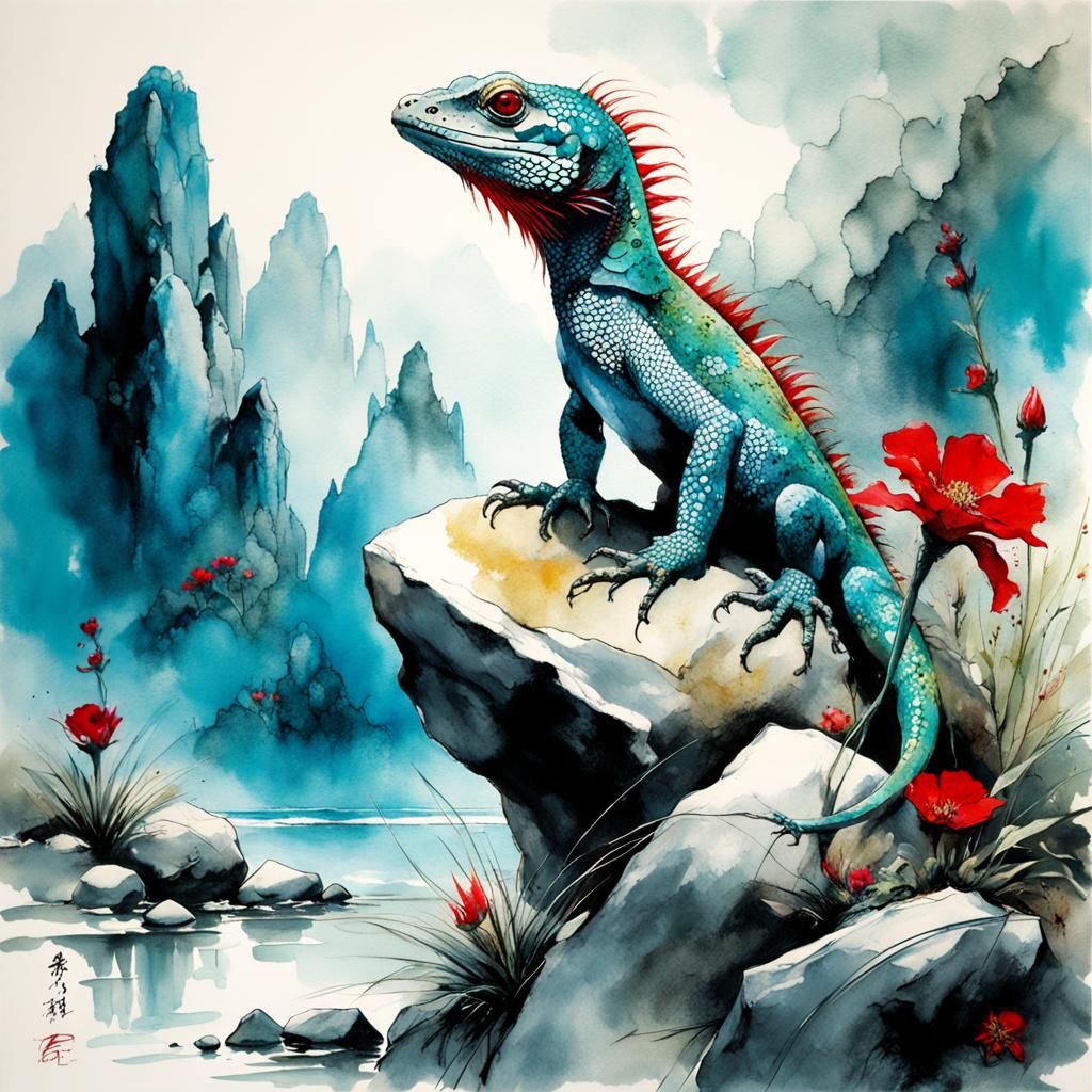Lizard in Floral Sumi-e Painting