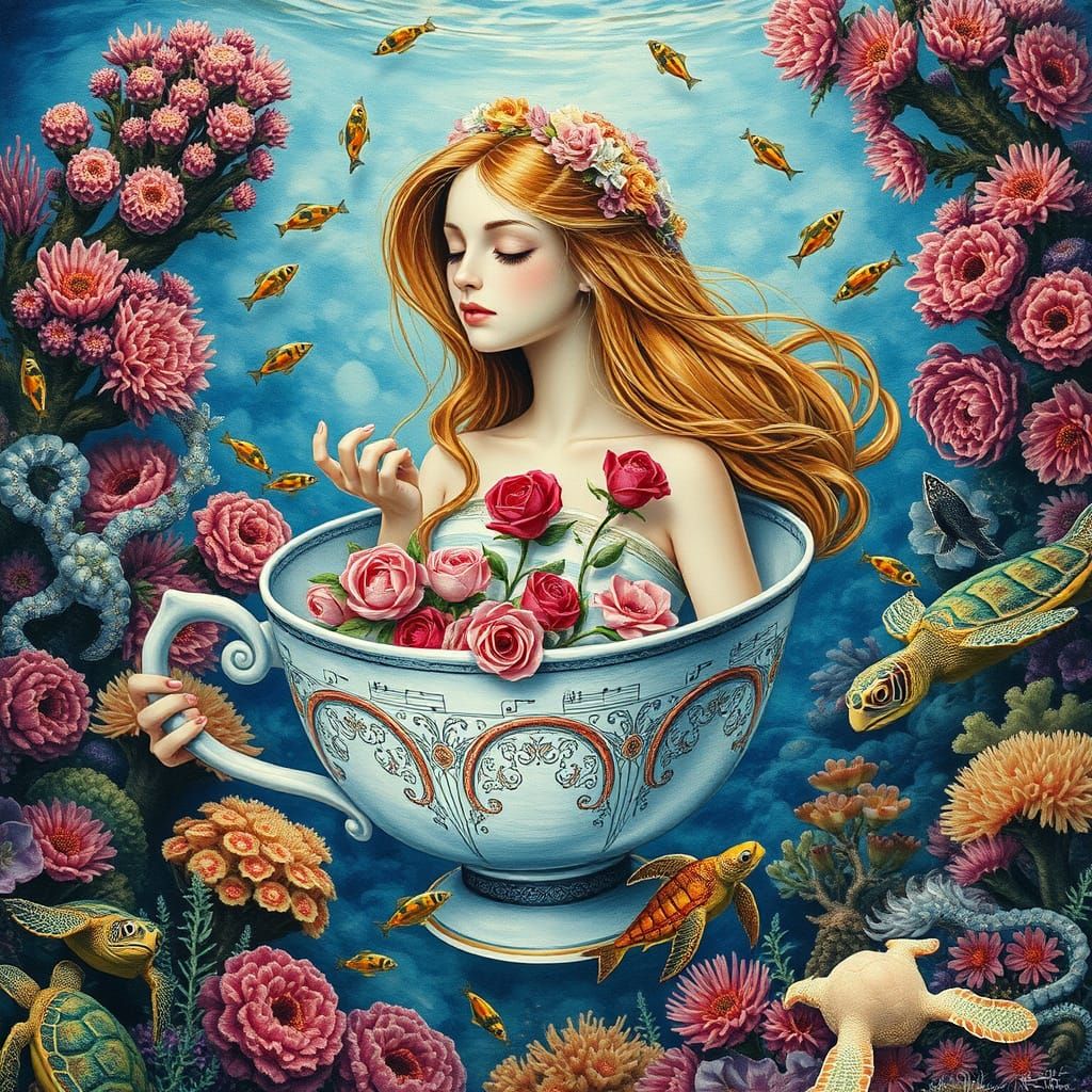 A young woman with long, flowing hair, adorned with pressed flowers and delicate sheet music, sits serenely within a gia...