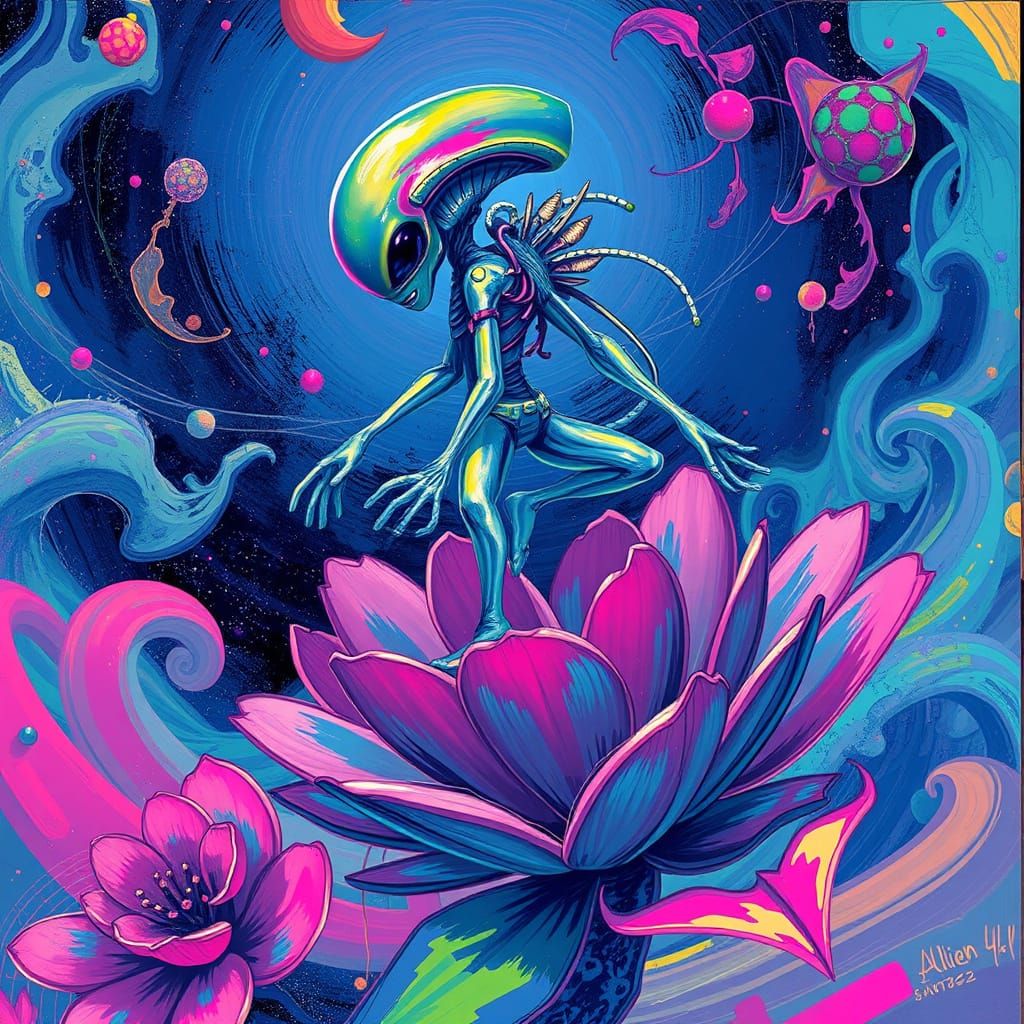 Alien Lands on Cosmic Flower in Dreamlike Style