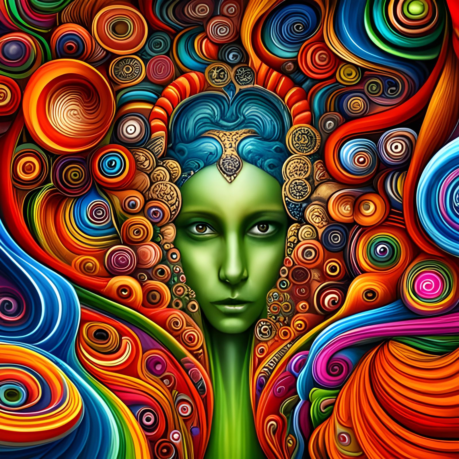 color mix, lot of different colors, bright colors, all messed up, alien face in the middle, mushrooms fly around, really...