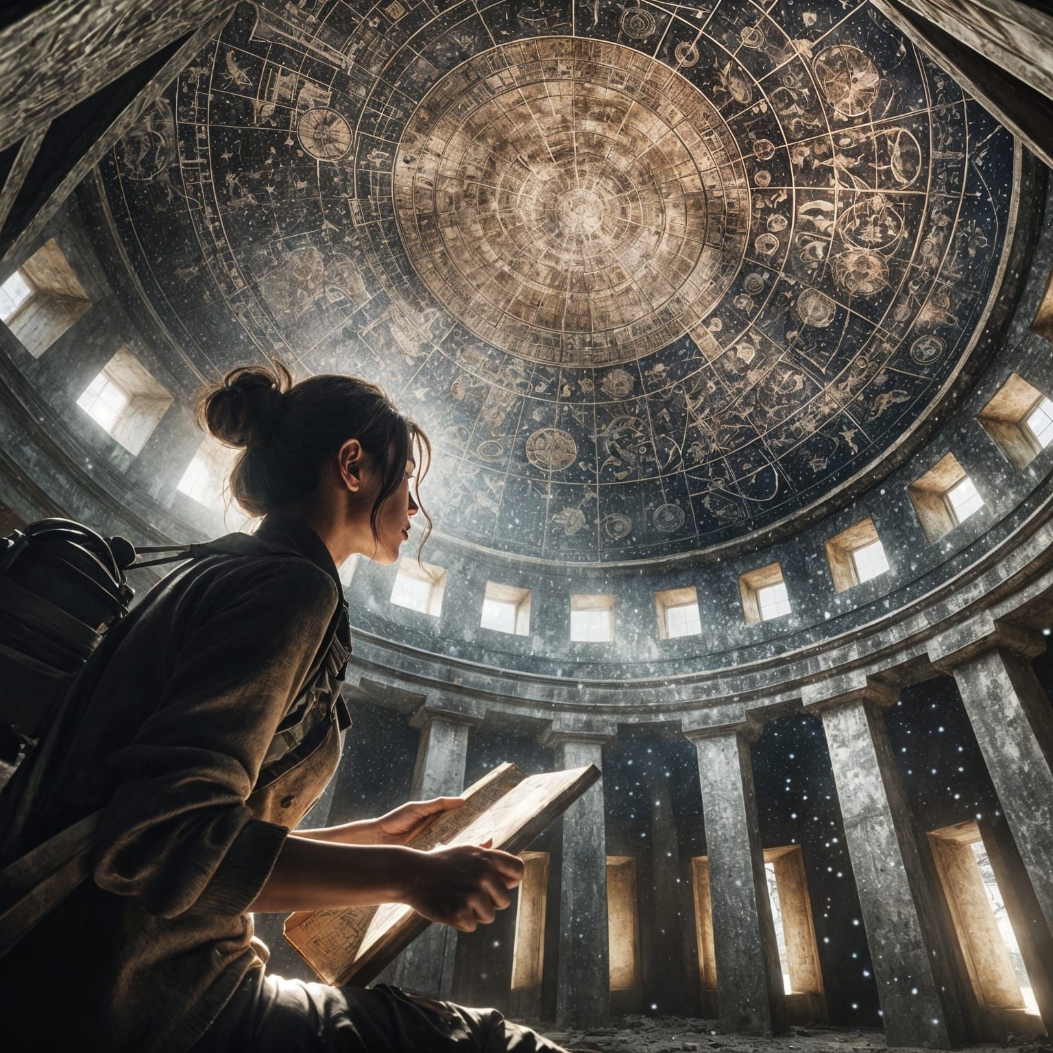 Explorer Studies Ancient Constellations in Abandoned Temple