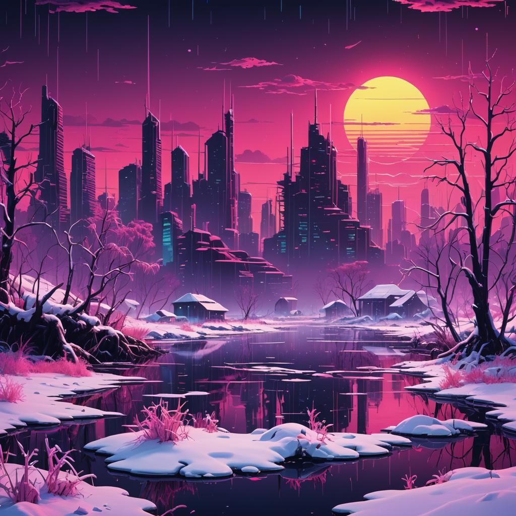 Neon Retro Snowy Swamp Cityscape
