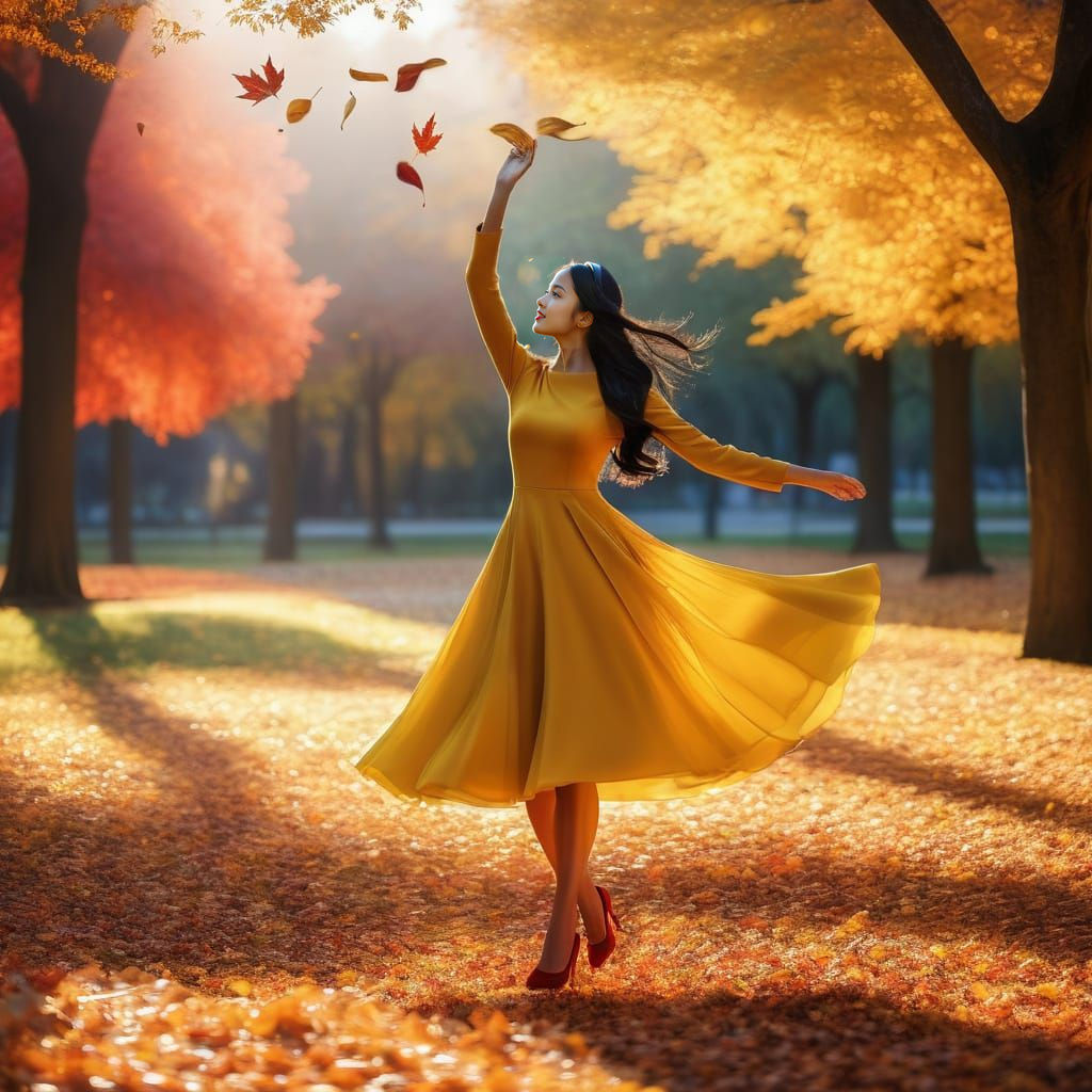 Girl Dancing in Autumn Park with Swirling Leaves
