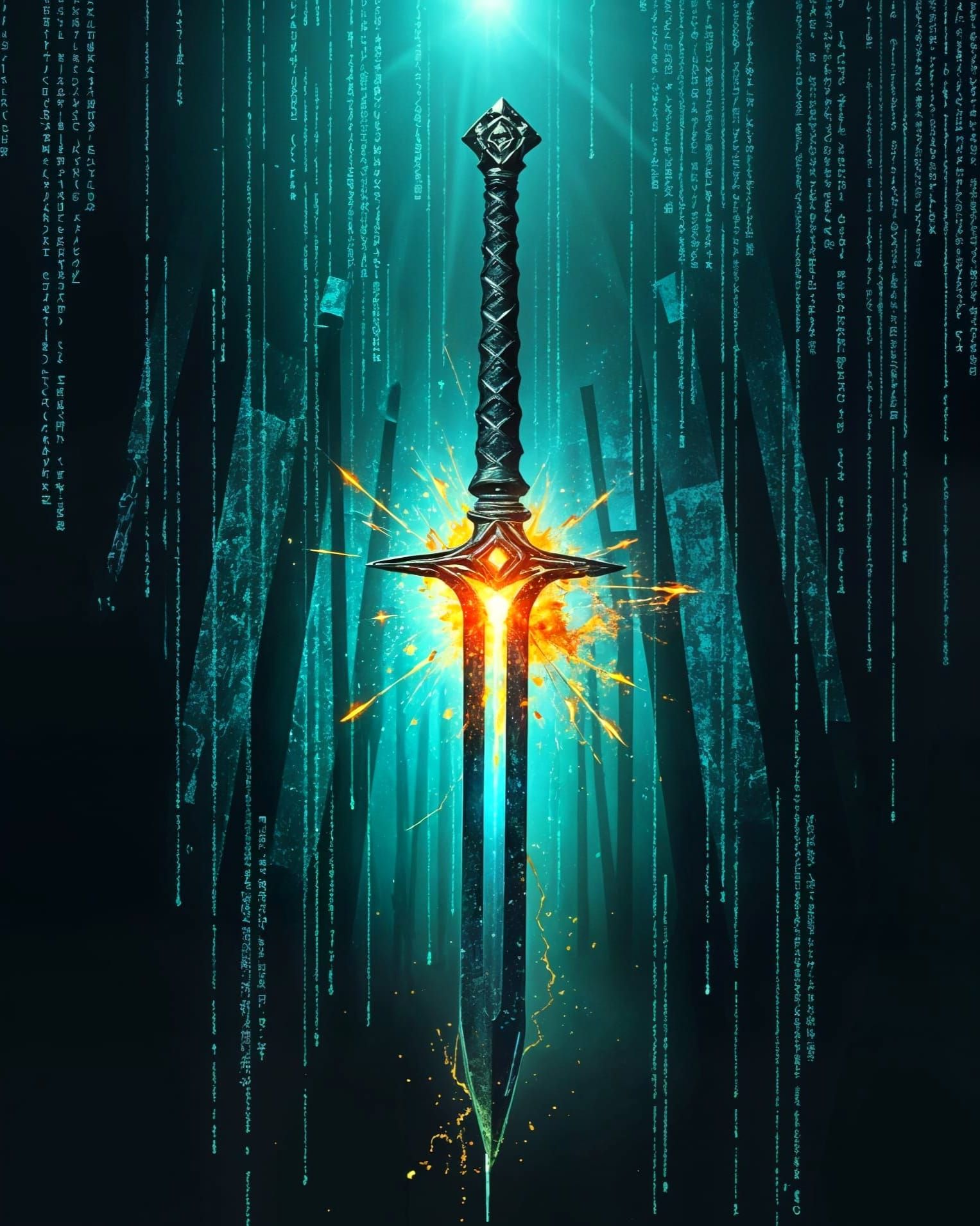Cyberpunk Matrix Code Sword in Glitch Art