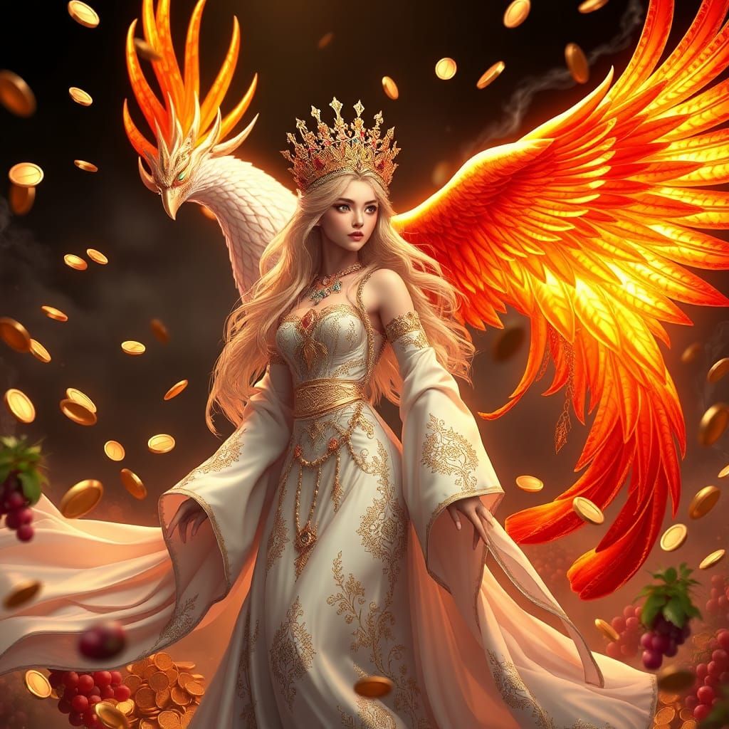 Goddess with Phoenix in Golden Headdress, 3D Anime Art