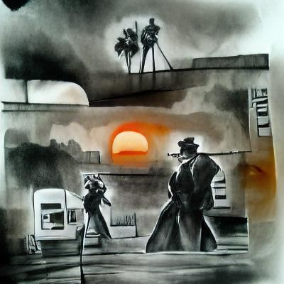 Film Noir Duel at Sunset in Ink Wash Style