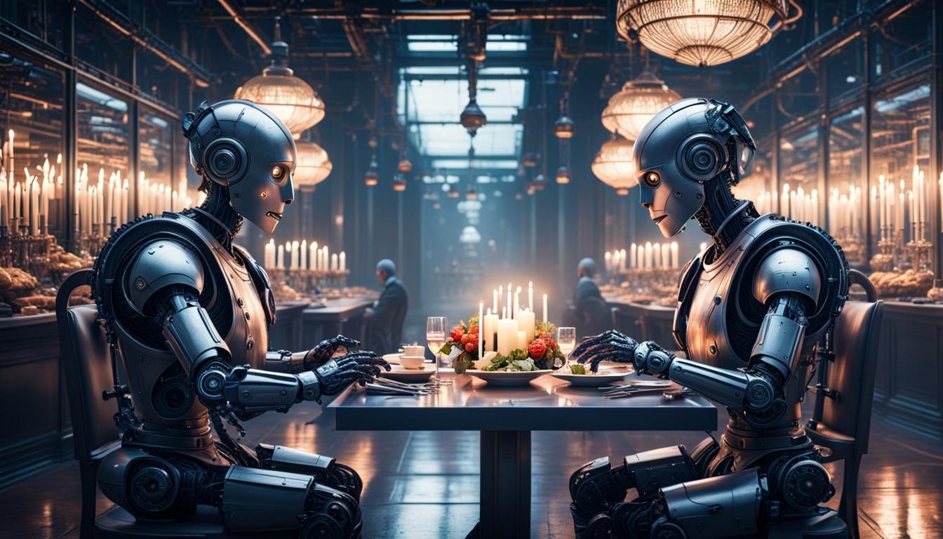 Robots Enjoying Romantic Dinner in Dystopian Sci-Fi Style