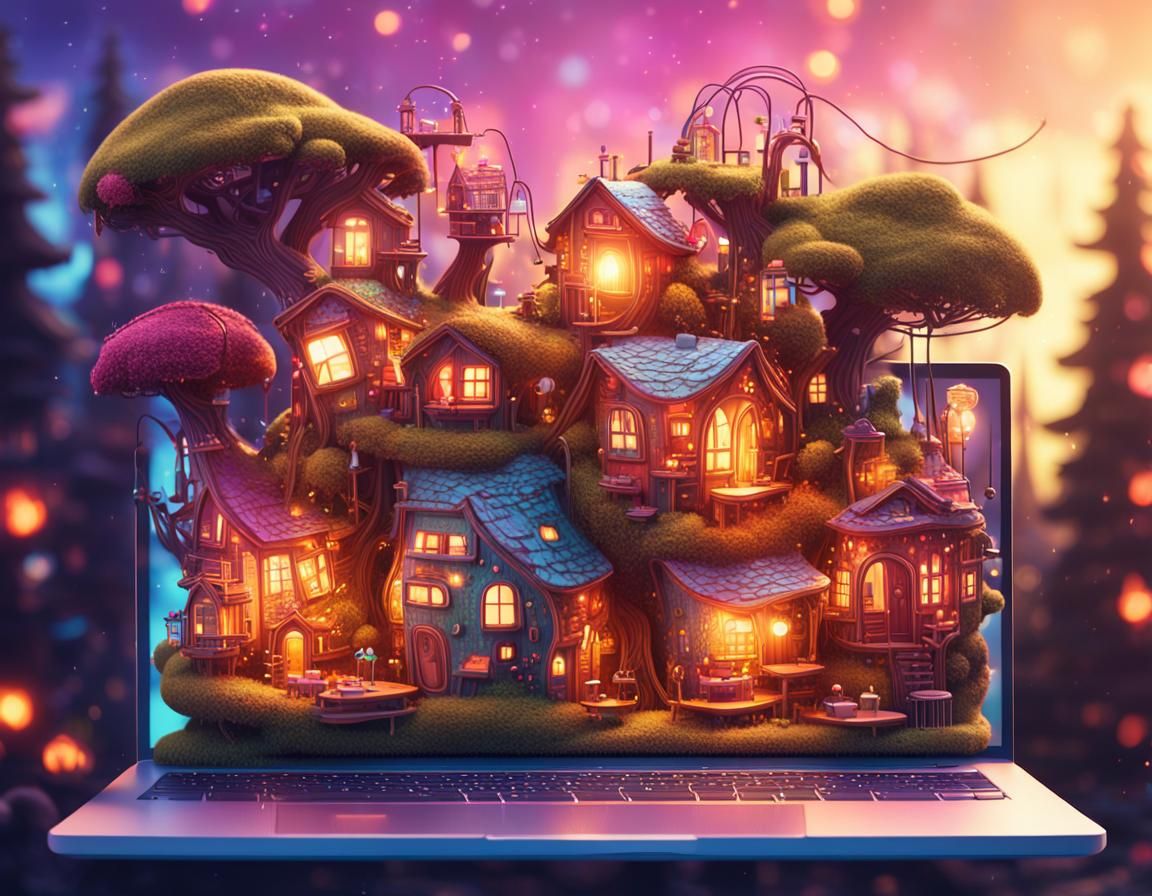 Enchanted Laptop Village in Whimsical Illustration Style