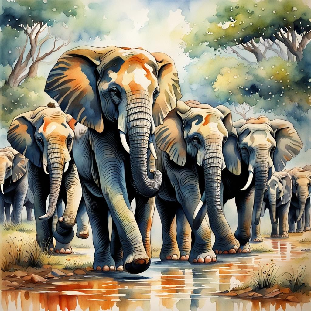 Watercolor Elephants Parade: Storybook Fine Art
